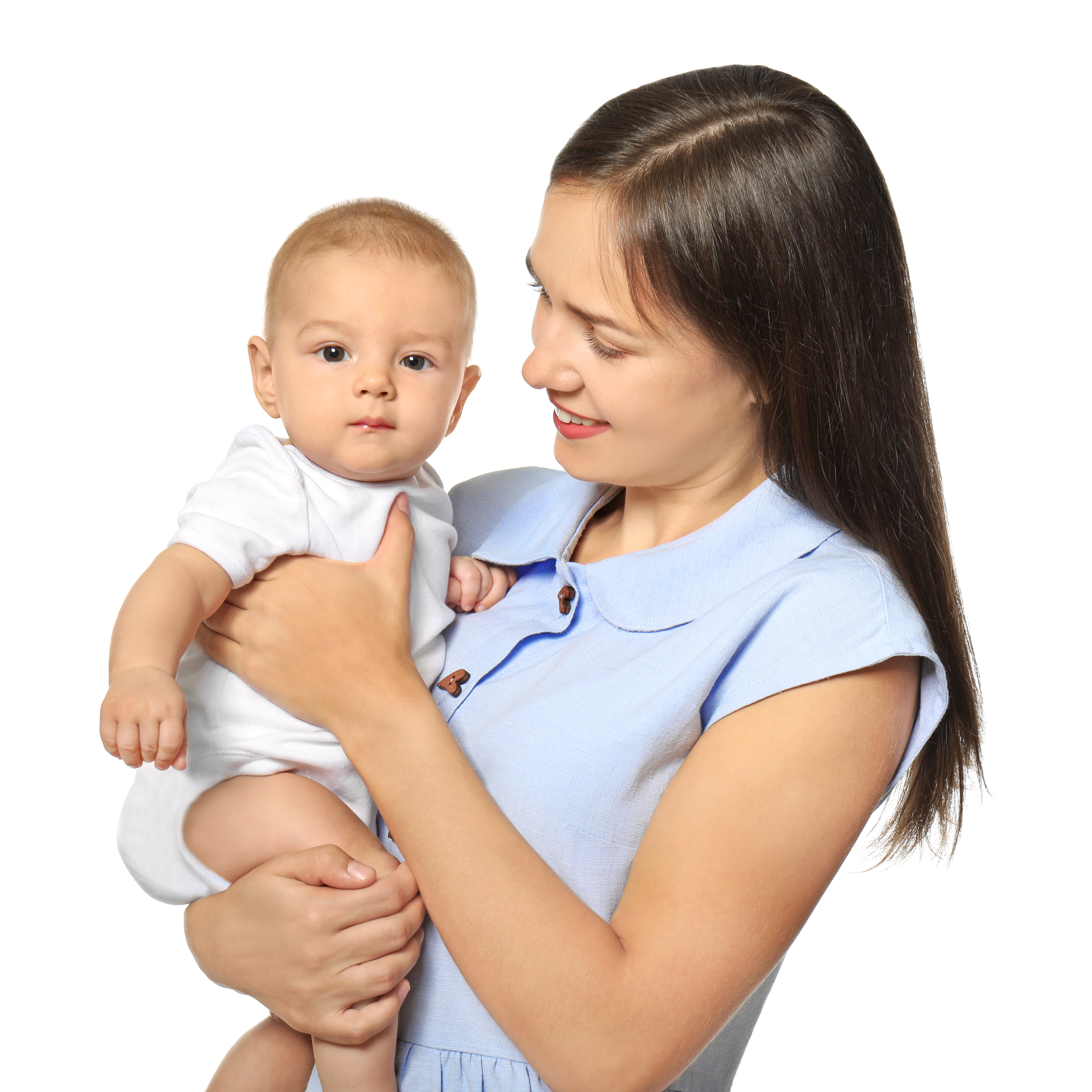 Happy young woman with cute baby on white background